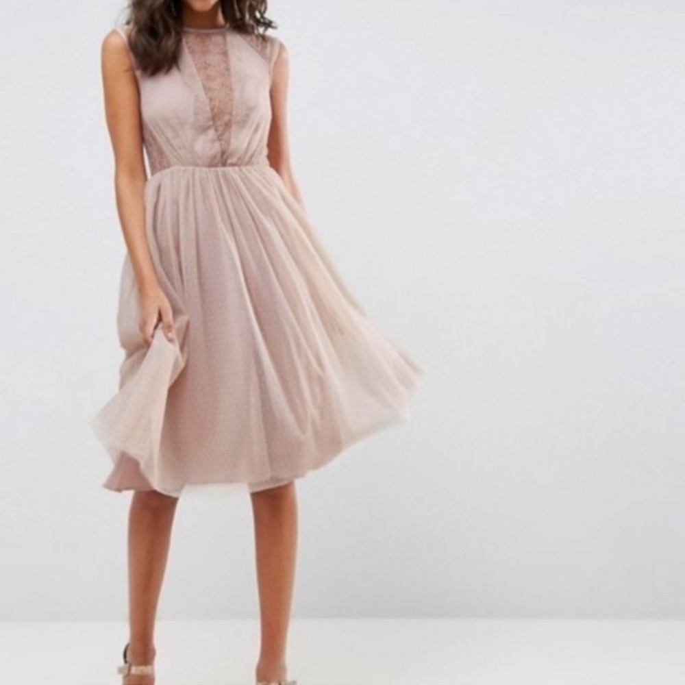 ASOS Blush Pink Midi Dress with Lace Bodice